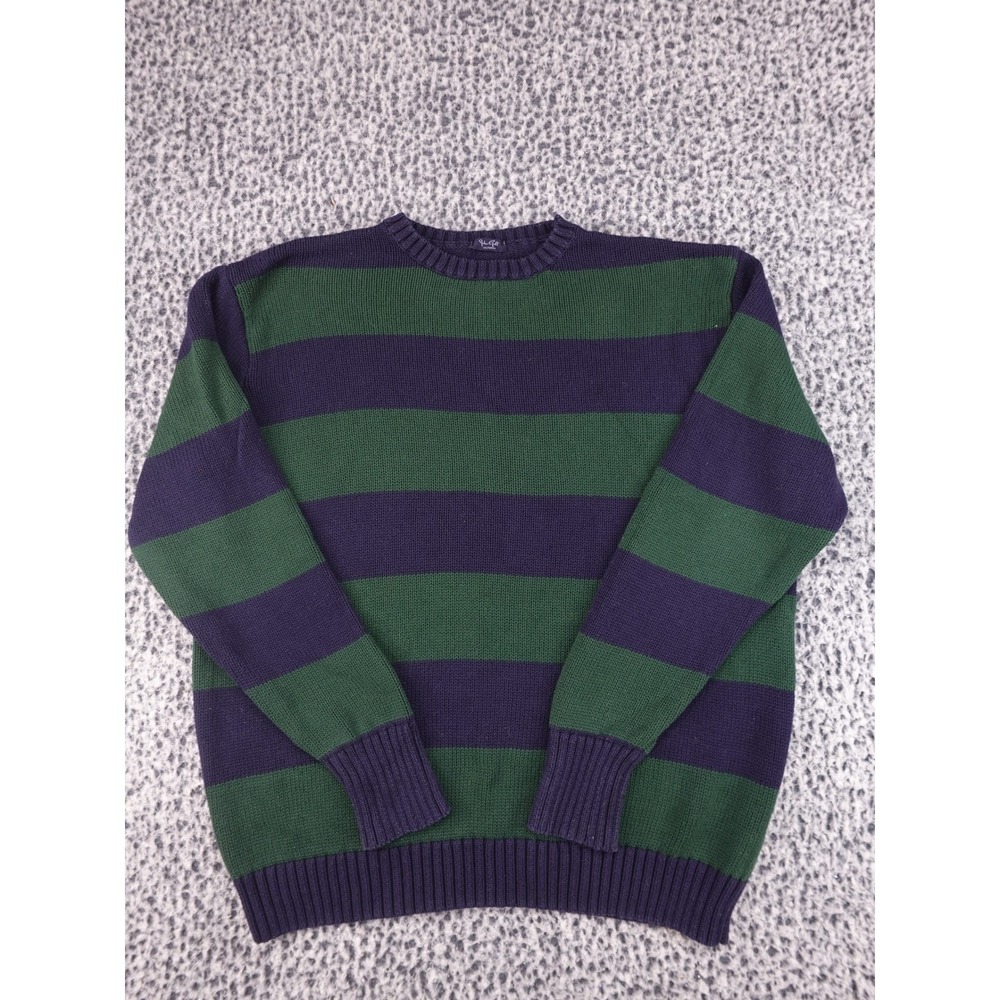 John Galt Striped Sweater Womens One Size Navy Green Cotton Crewneck